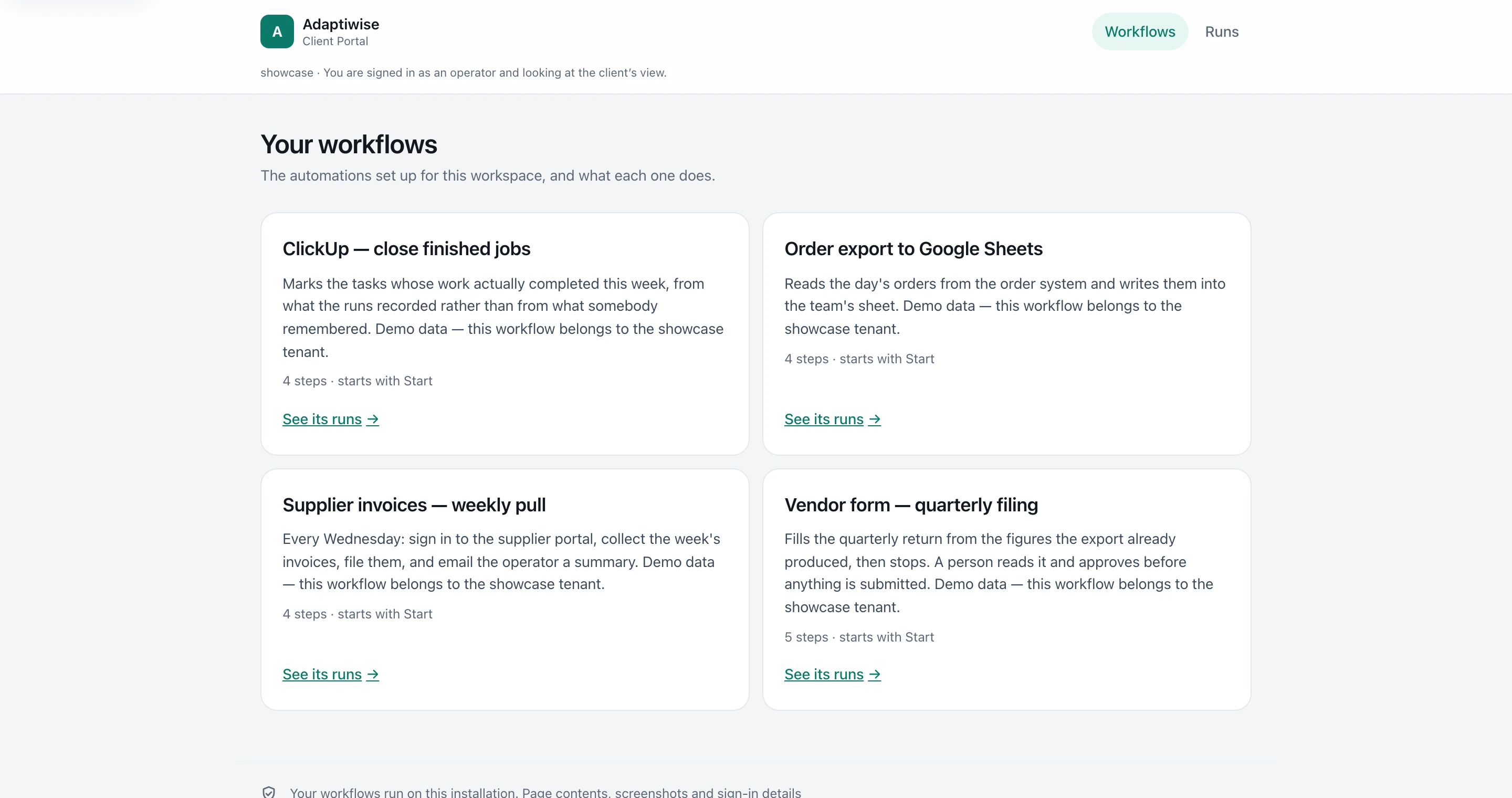 The client portal’s workflow list: each automation with what it does and how many steps, and a link through to its runs.