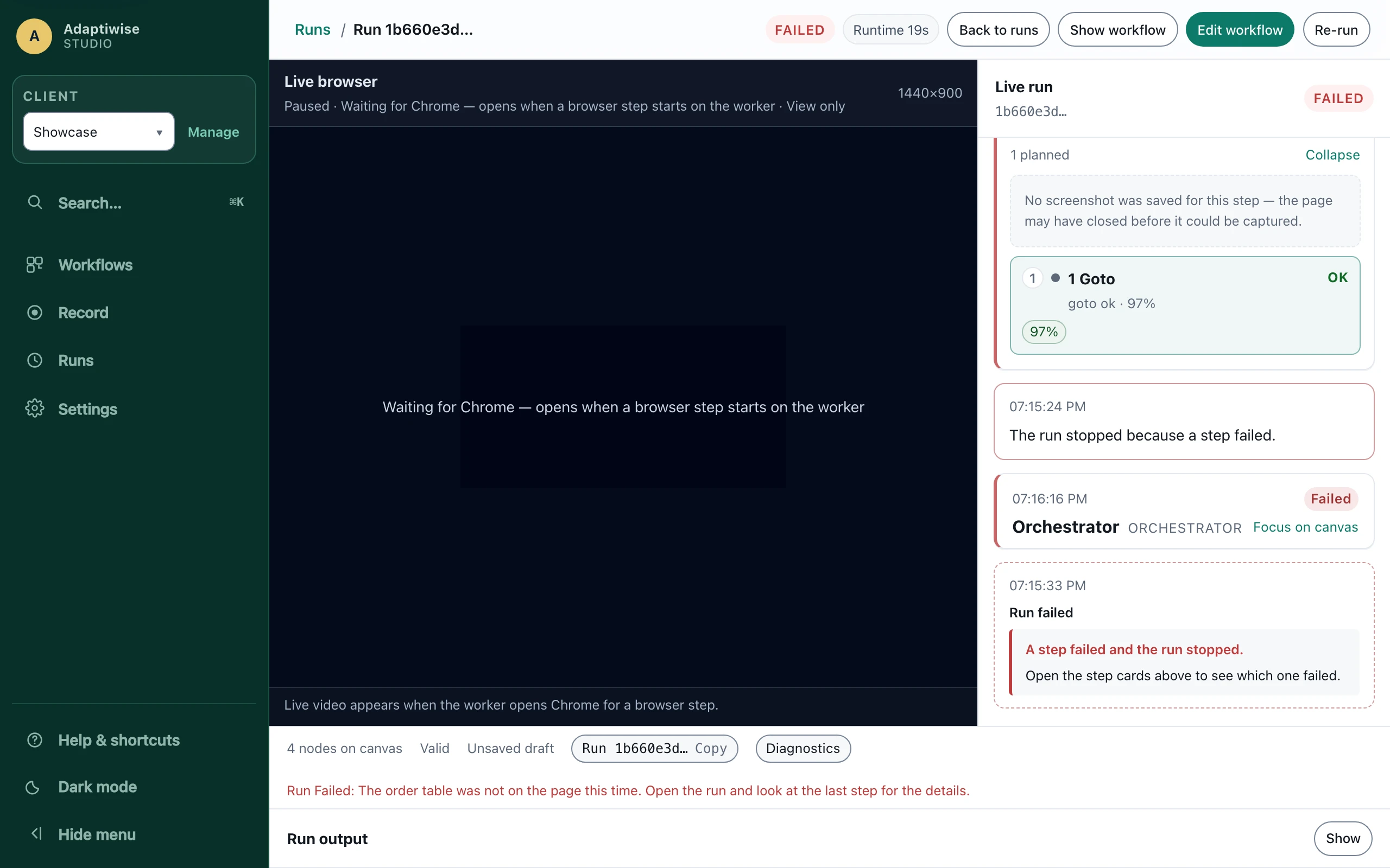 A failed run, explained: the run view names the step that failed and the coded reason, with the completed steps above it and the run’s own timeline beside it.