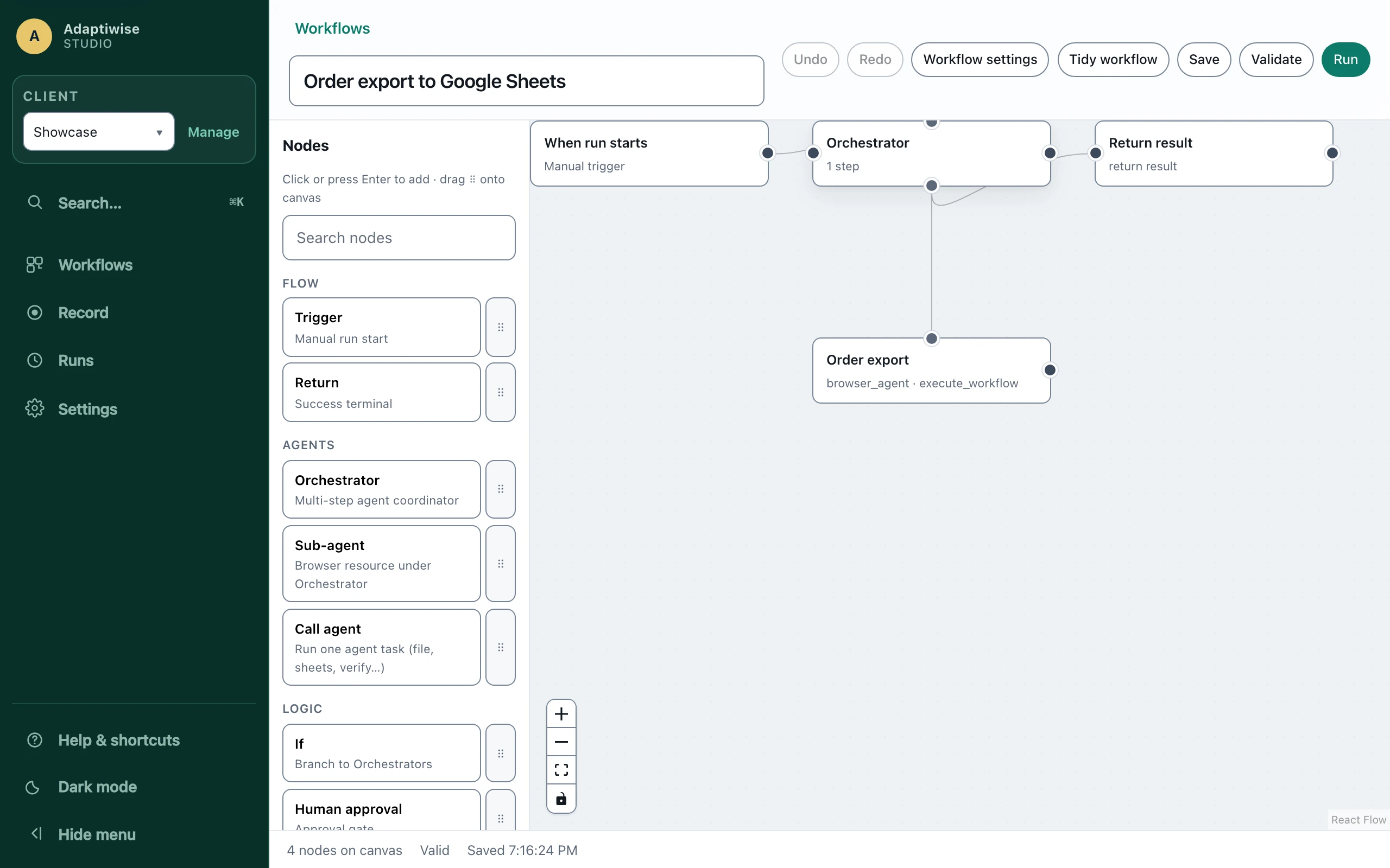 The workflow editor: the quarterly filing workflow on the canvas - a manual trigger, an orchestrator, the browser sub-agent that prepares the form, a human-approval node, and the return.